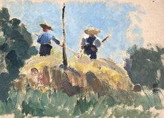 Two Corn Field Farmers Working On Hay Bail Summers Day Landscape