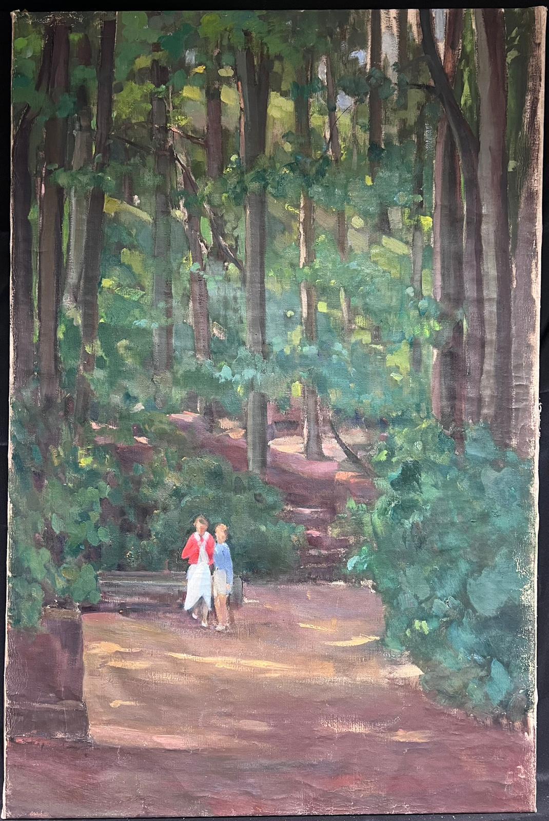 Two Figures in Dappled Light Woodland Large 1950's French Post-Impressionist Oil - Painting by Louise Alix