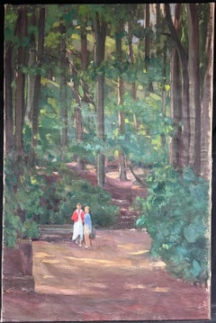Two Figures in Dappled Light Woodland Large 1950's French Post-Impressionist Oil