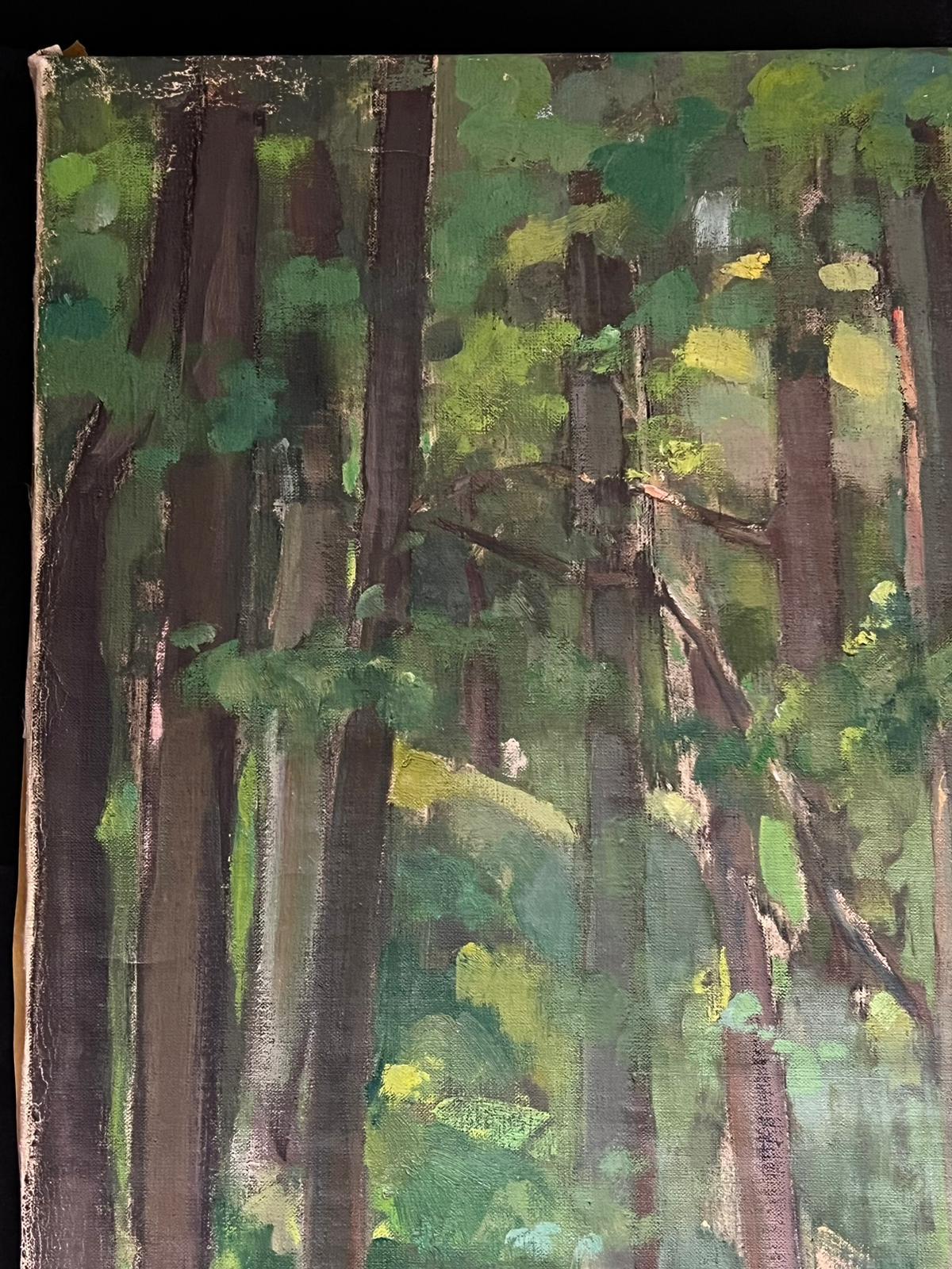Dos figuras en un bosque de luz moteada Gran óleo postimpresionista francés de los años 50 - Landscape Painting Gris de Louise Alix