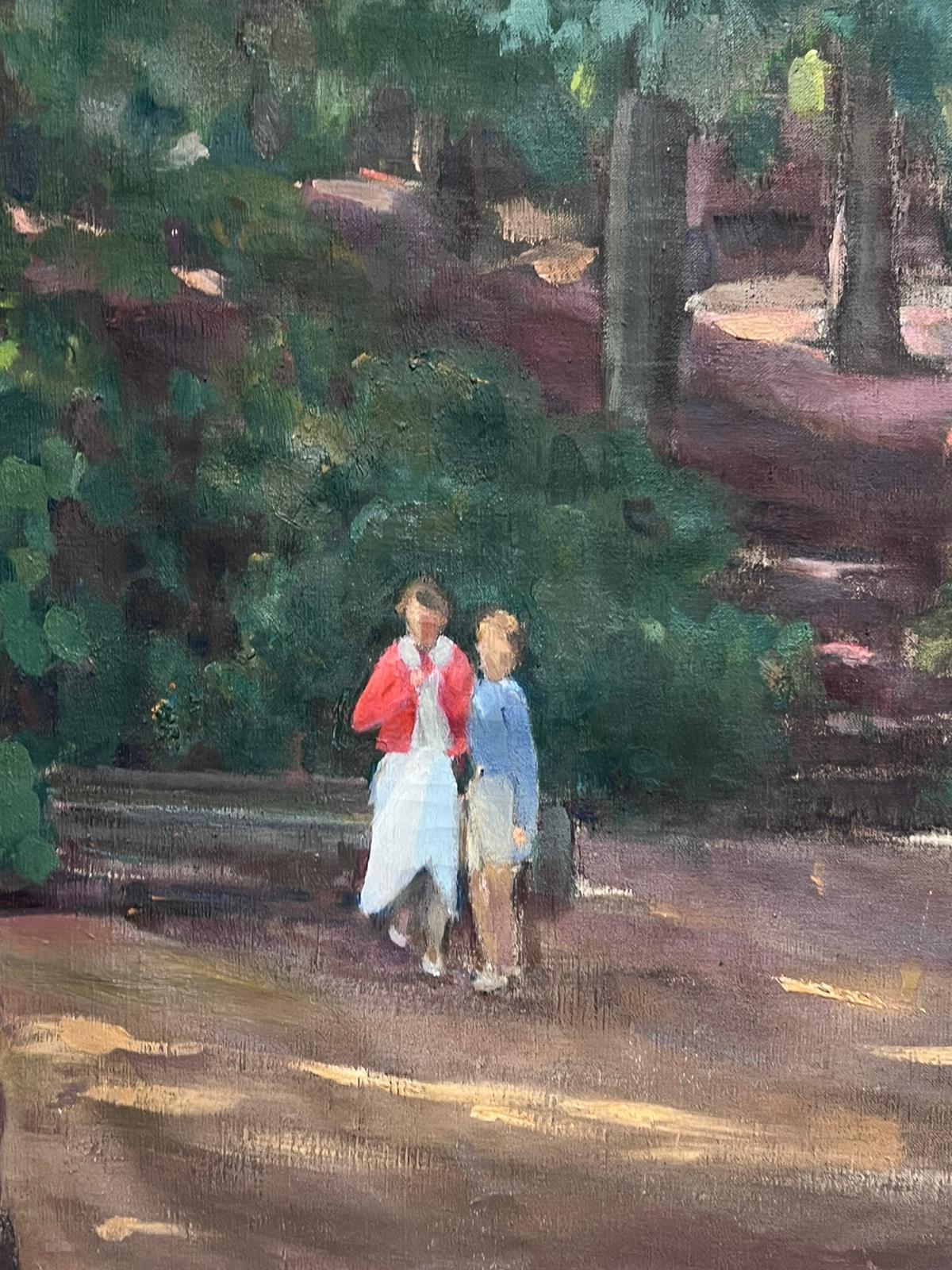 Two Figures in Dappled Light Woodland Large 1950's French Post-Impressionist Oil For Sale 3