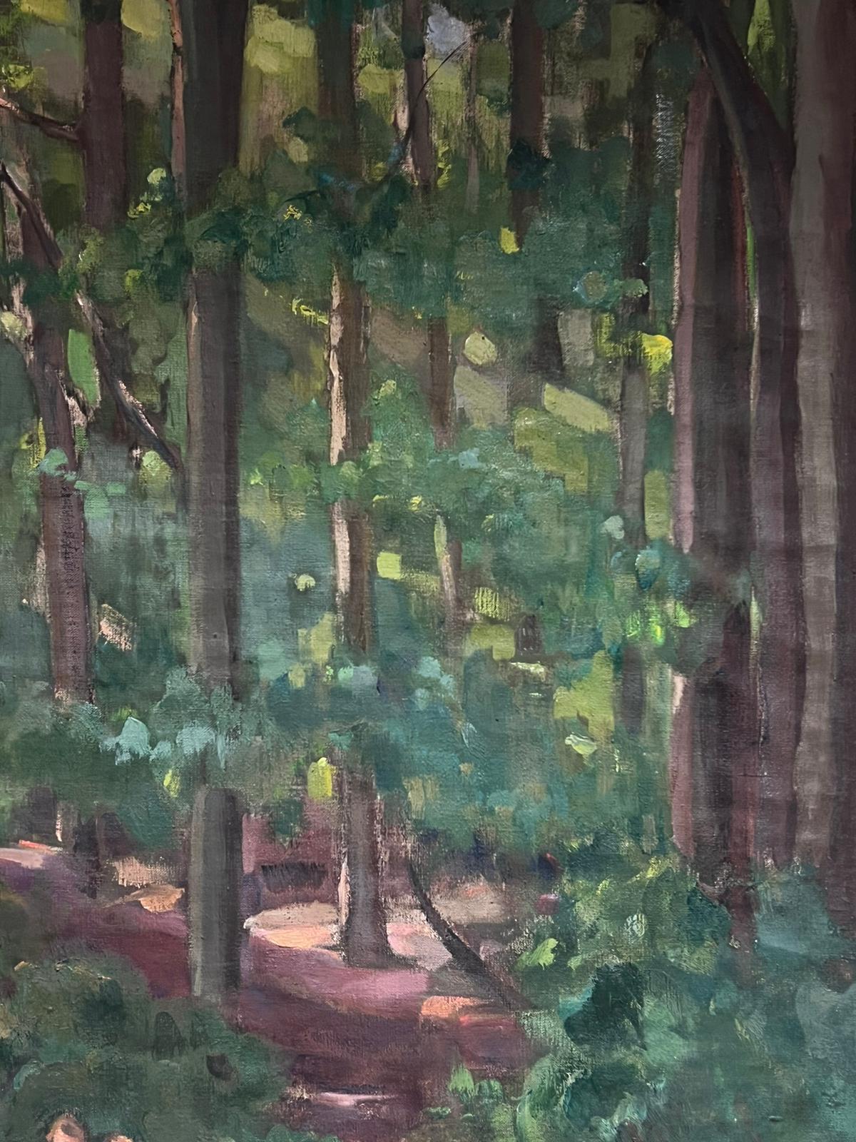 Two Figures in Dappled Light Woodland Large 1950's French Post-Impressionist Oil For Sale 4