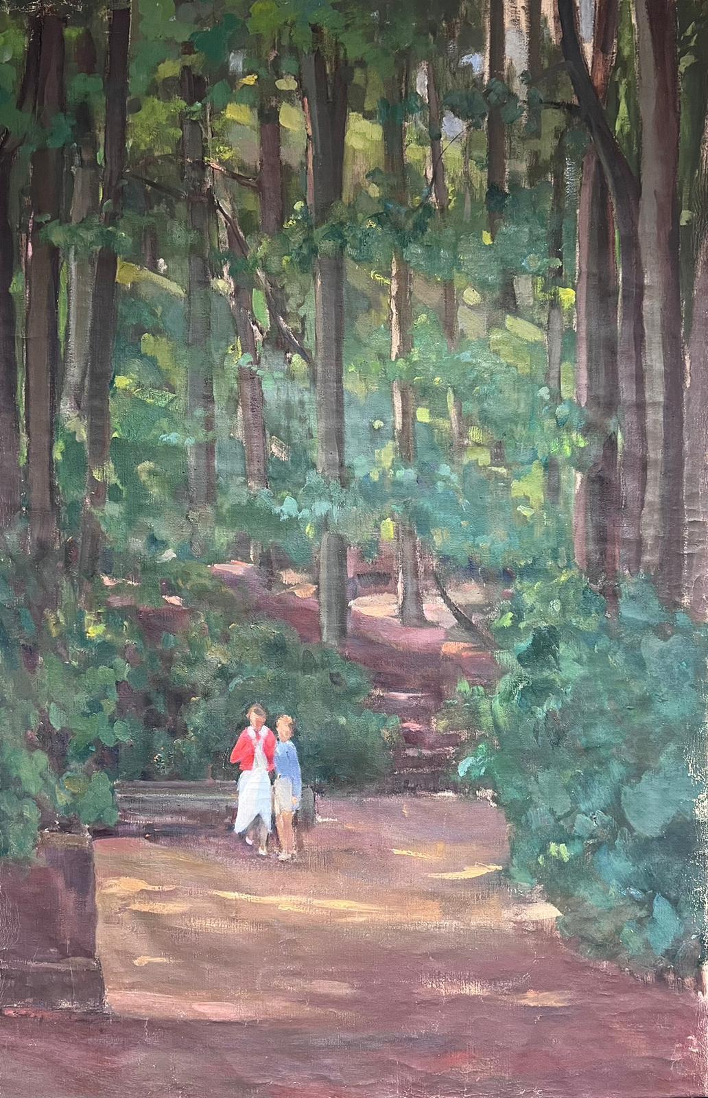 Deux personnages dans une forêt éclairée Grande huile post-impressionniste française des années 1950