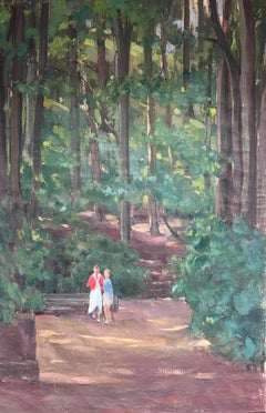 Vintage Two Figures in Dappled Light Woodland Large 1950's French Post-Impressionist Oil