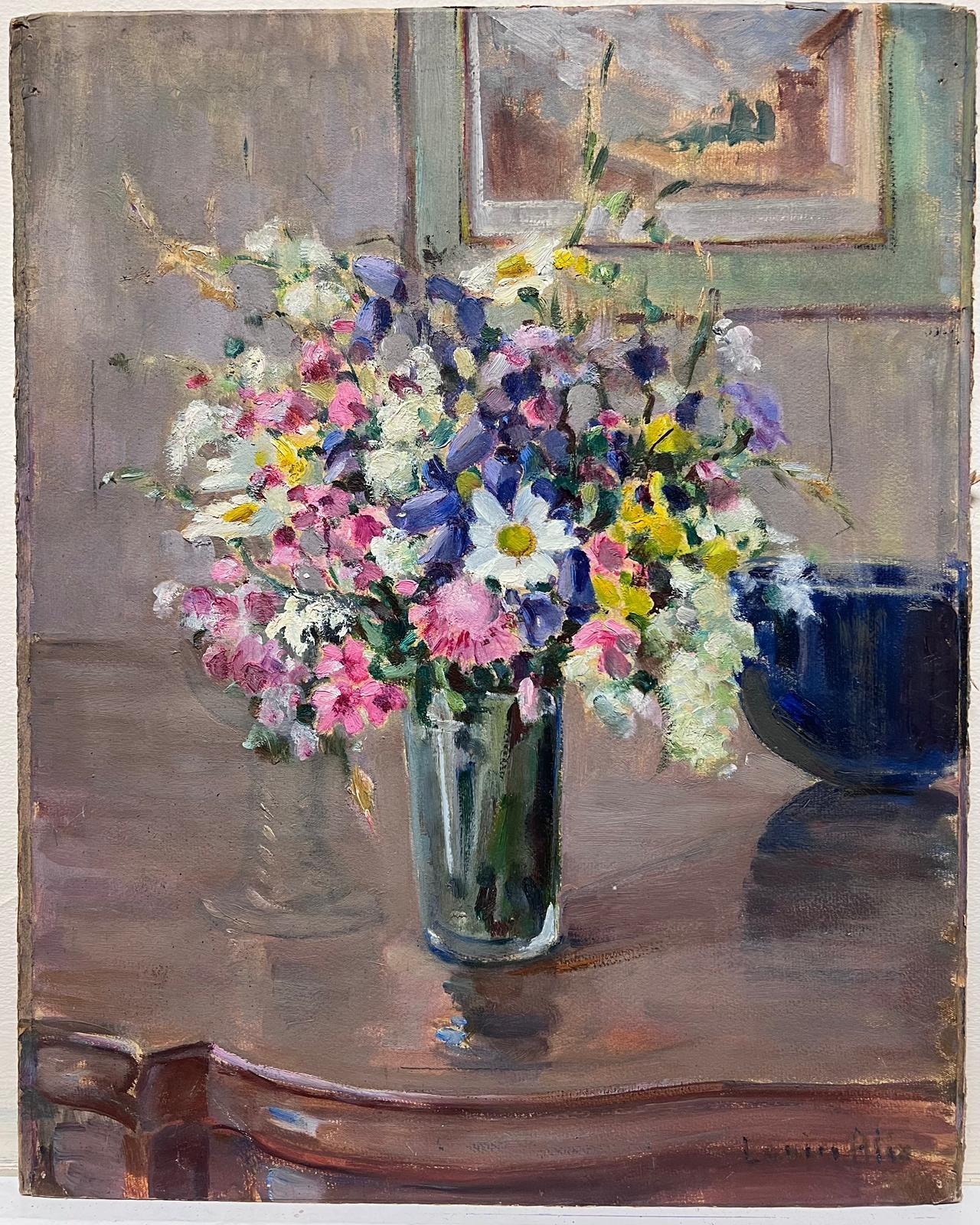 Vase of Flowers Interior Room Scene Mid 20th Century French Impressionist Oil  - Painting by Louise Alix
