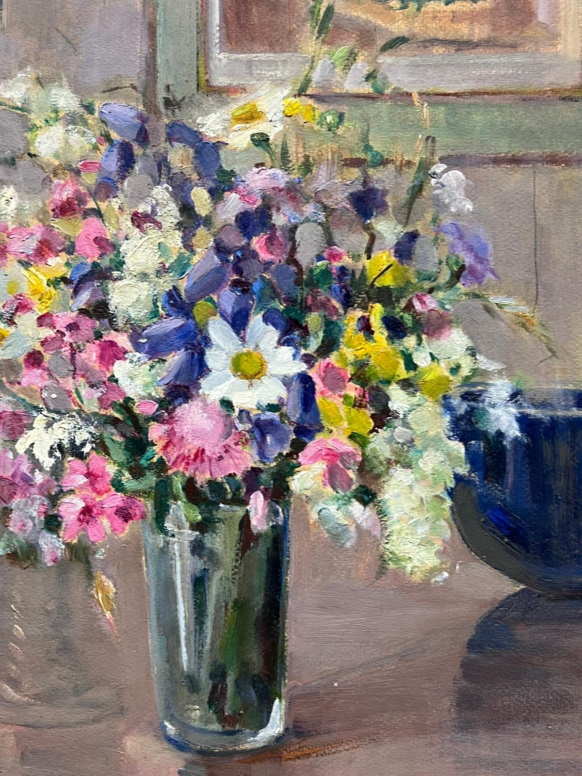 Vase of Flowers Interior Room Scene Mid 20th Century French Impressionist Oil  For Sale 2