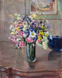 Vase mit Blumen, Innenraumszene, Französisch-impressionistisches Ölgemälde, Mitte des 20. Jahrhunderts 