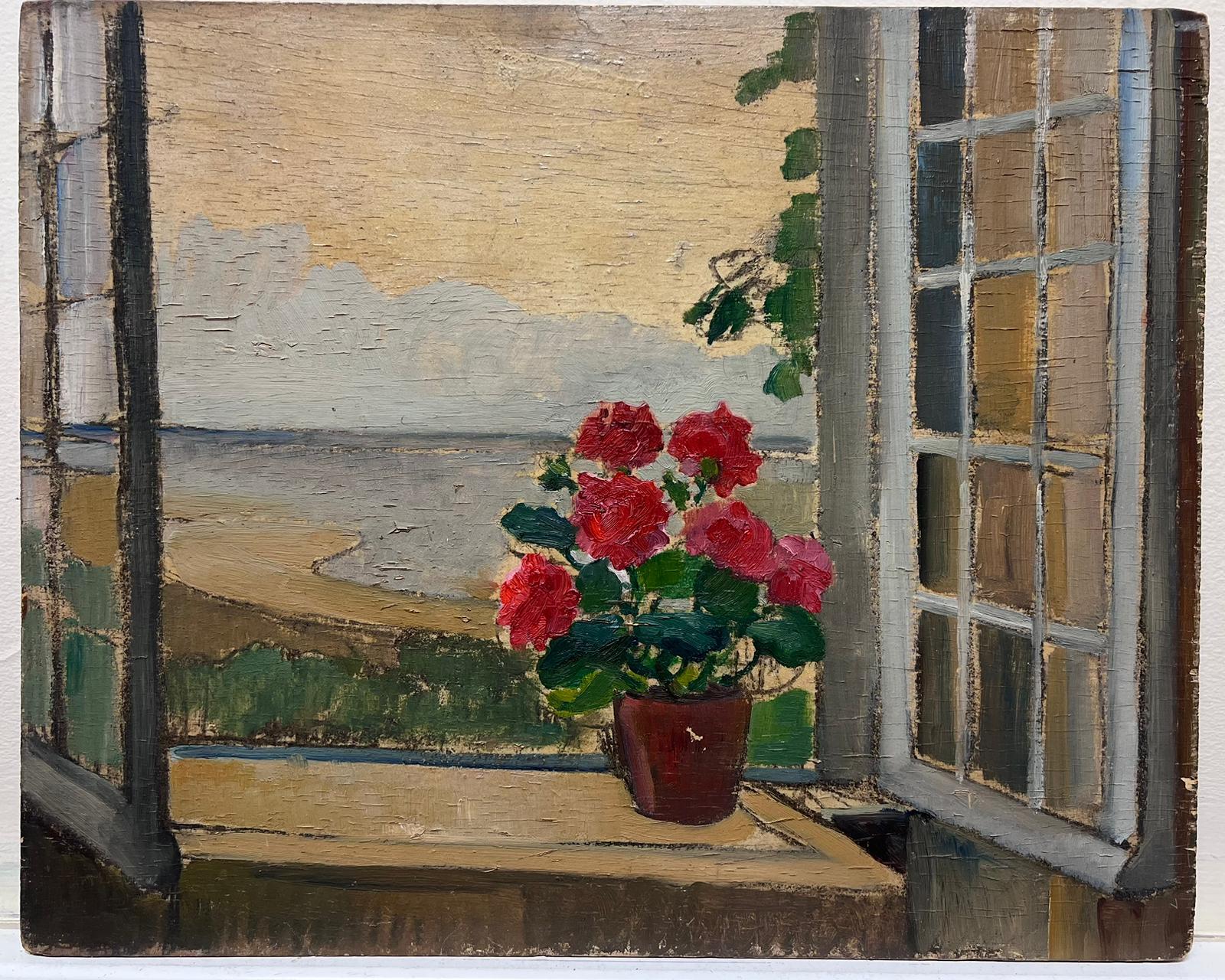 Vaso di fiori che guarda fuori dalla finestra su un paesaggio Olio francese del 1940 - Painting di Louise Alix