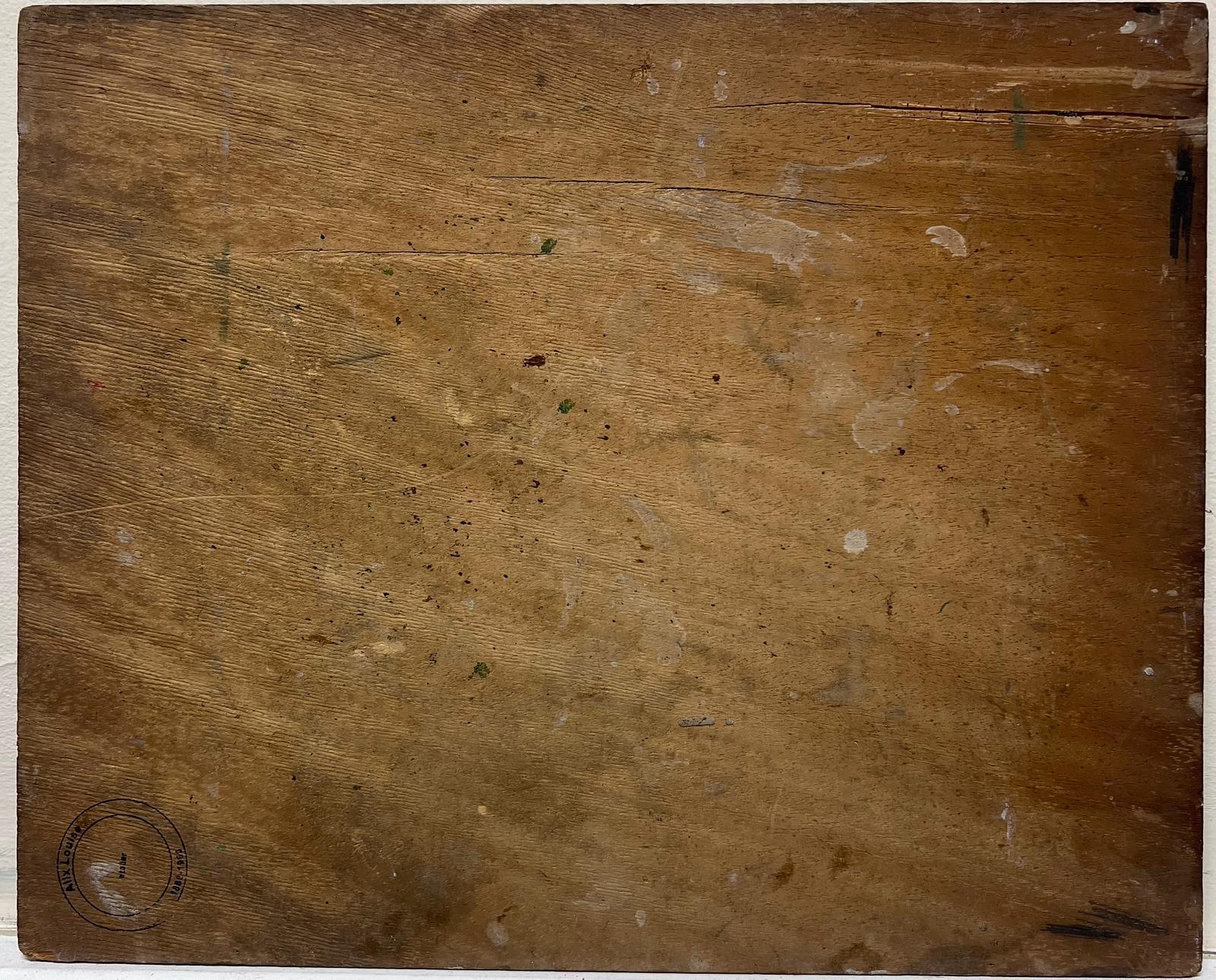 Una camera con vista
di Louise Alix (francese, 1888-1980) *vedi note sotto
timbro di provenienza sul retro  
dipinto a olio su tavola, non firmato, senza cornice
misure: 13 pollici di altezza per 16 pollici di larghezza
condizioni: nel complesso