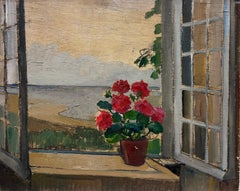 Vaso di fiori che guarda fuori dalla finestra su un paesaggio Olio francese del 1940