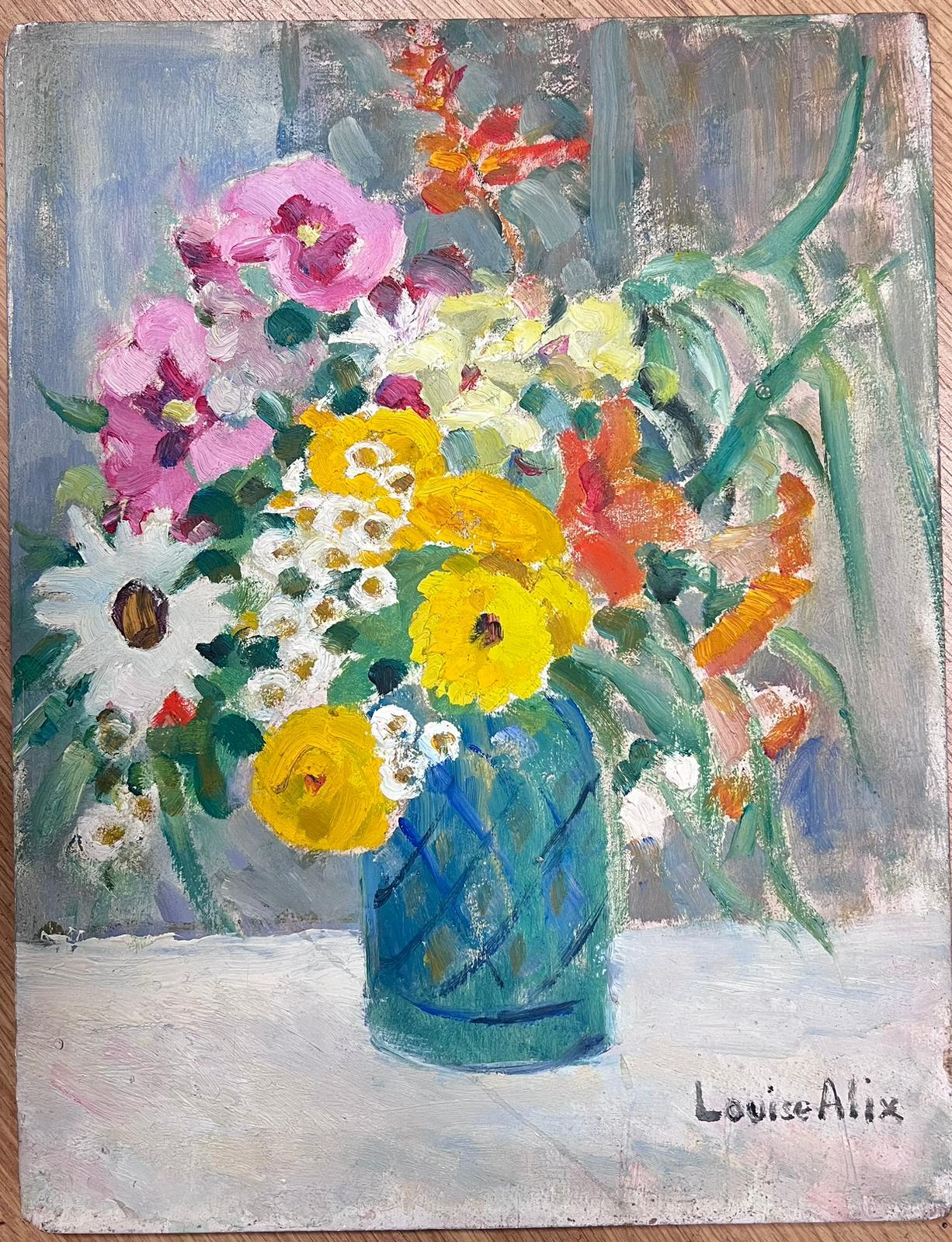 Vintage 1930's French Impressionist Still Life Flower Bunch In Blue Vase - Painting by Louise Alix
