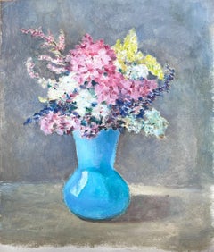 Vintage By 1930, Natura morta francese impressionista con mazzo di fiori in vaso blu