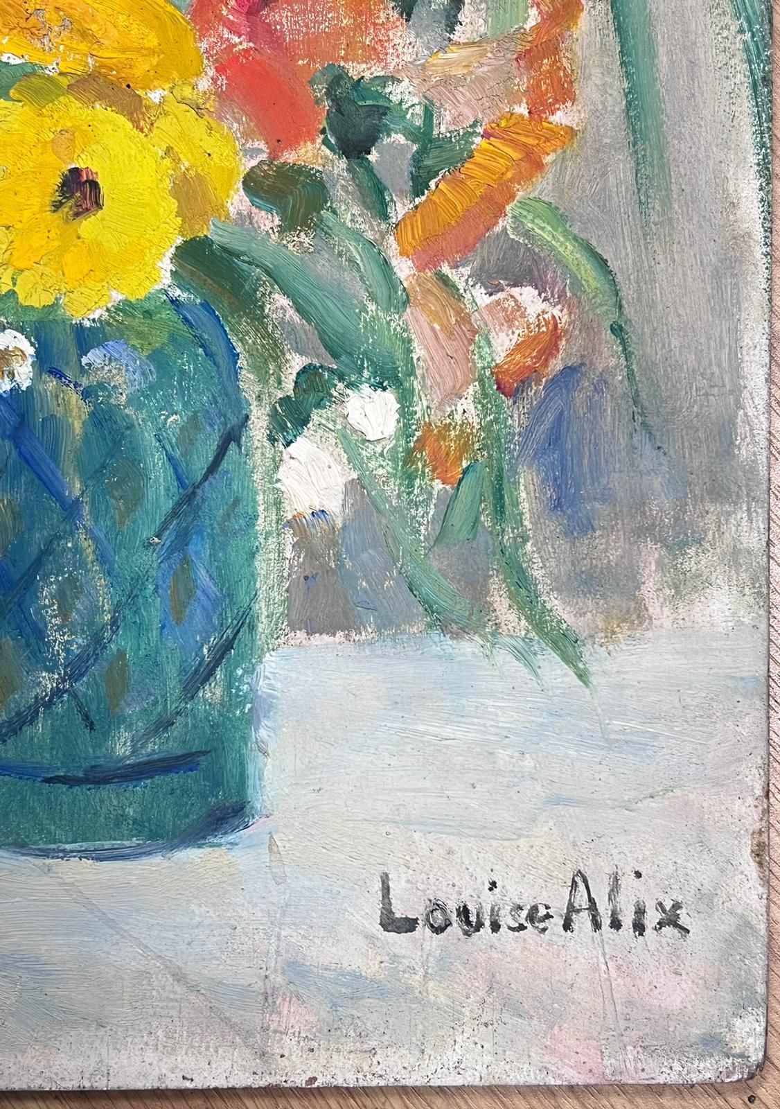 Französische Impressionistische Stillleben-Blumen Bunch im Vintage-Stil in Blau, 1930er Jahre, Vintage (Impressionismus), Painting, von Louise Alix
