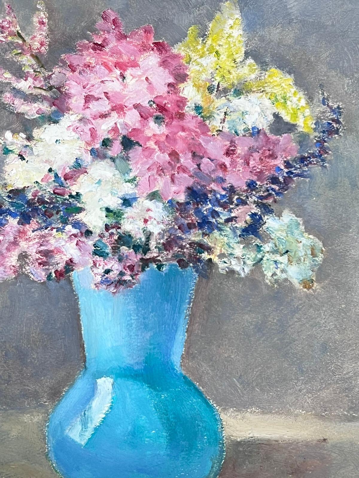 Vintage 1930's French Impressionist Still Life Flower Bunch In Blue Vase For Sale 1