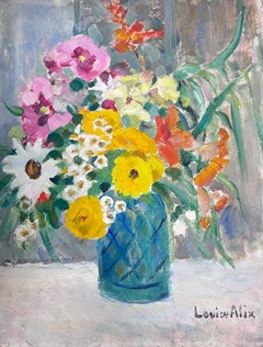Vintage 1930's French Impressionist Still Life Flower Bunch In Blue Vase