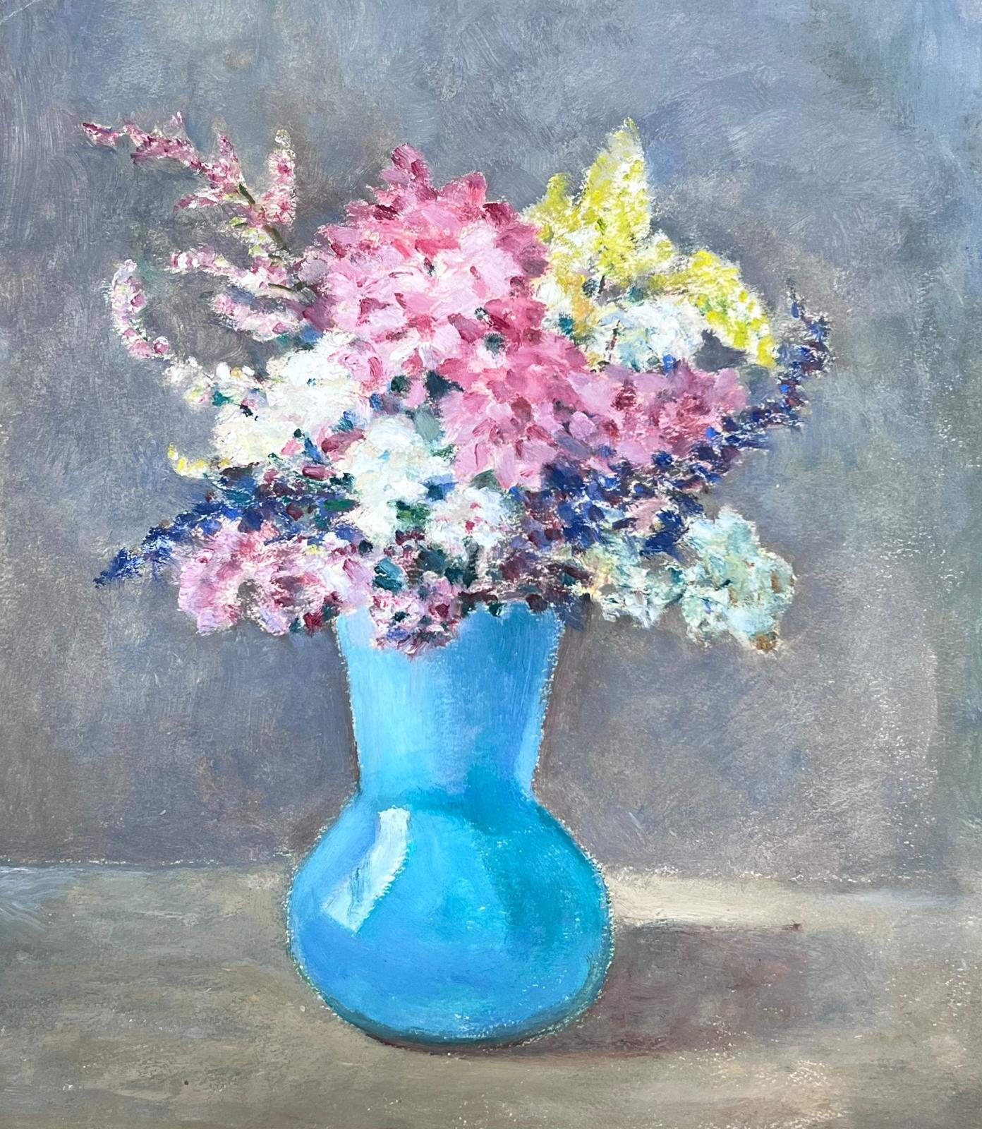 Interior Painting Louise Alix - Nature morte impressionniste française des années 1930, bouquet de fleurs dans un vase bleu