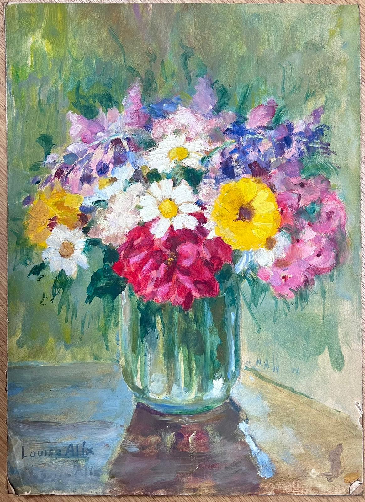 Vintage 1930's Französisch Impressionist Stillleben Blumenstrauß in klaren Vase – Painting von Louise Alix