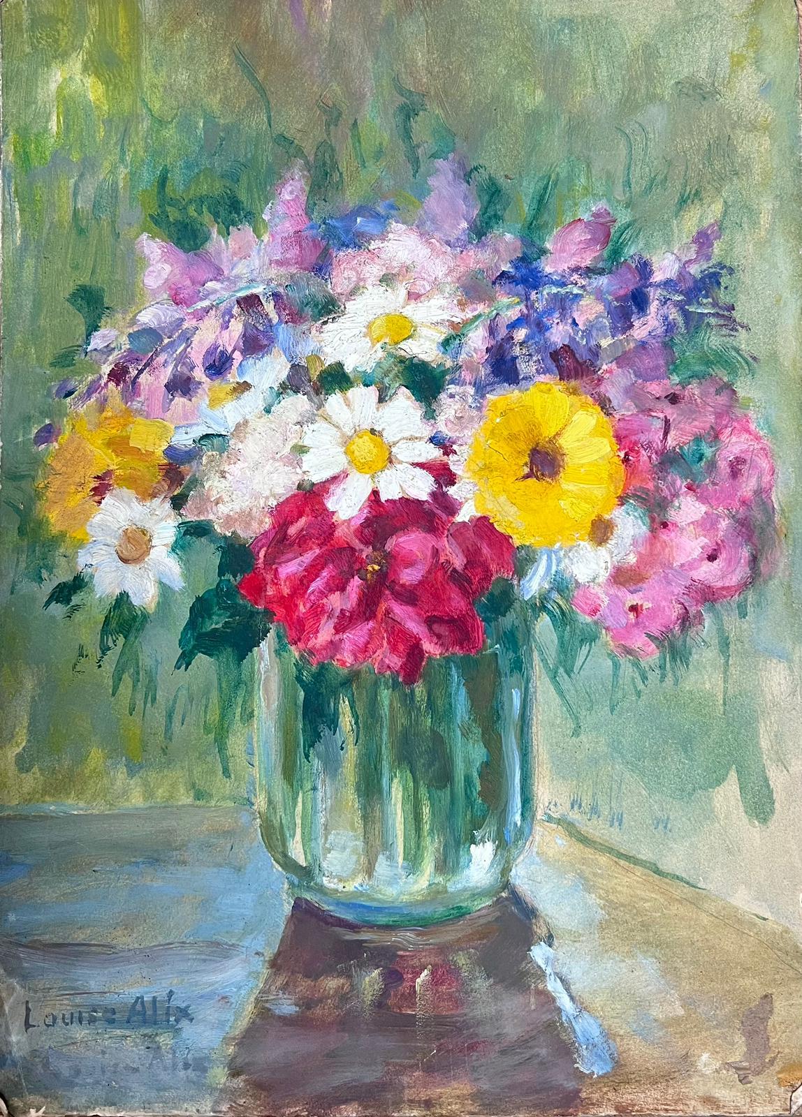 Louise Alix Interior Painting – Vintage 1930's Französisch Impressionist Stillleben Blumenstrauß in klaren Vase