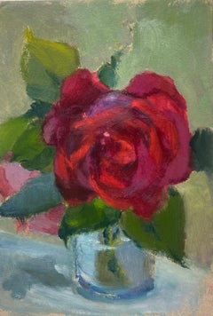 Nature morte impressionniste française des années 1930 Grande rose rouge dans un vase en verre