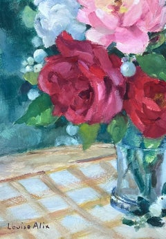 Vintage 1930, Natura morta impressionista francese con mazzo di rose rosa e rosse in vaso