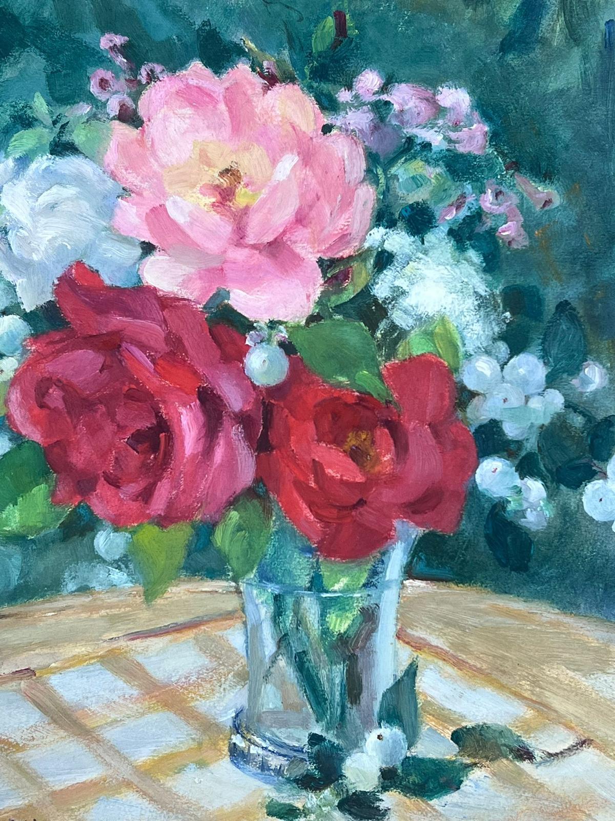 Roses
by Louise Alix (French, 1888-1980) *see notes below
provenance stamp to the back 
oil painting on artist paper, unframed
measures: 14.5 high by 12 inches wide
condition: overall very good and sound, a few scuffs and marks to the surface and