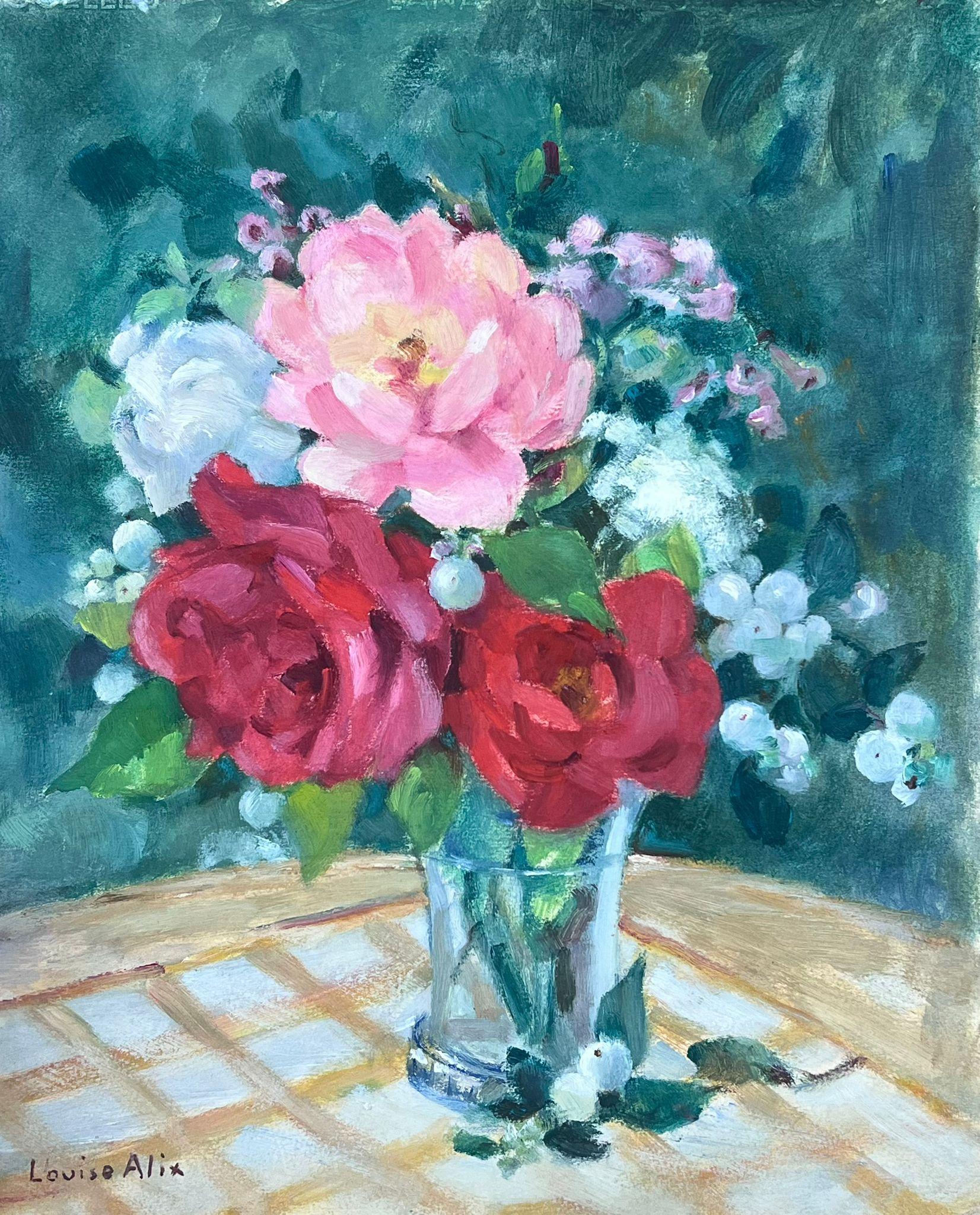 Still-Life Painting Louise Alix - Nature morte impressionniste française des années 1930, bouquet de roses roses et rouges dans un vase
