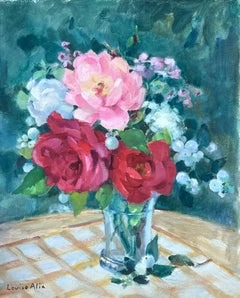 Vintage 1930's French Impressionist Still Life Pink and Red Roses Bunch In Vase