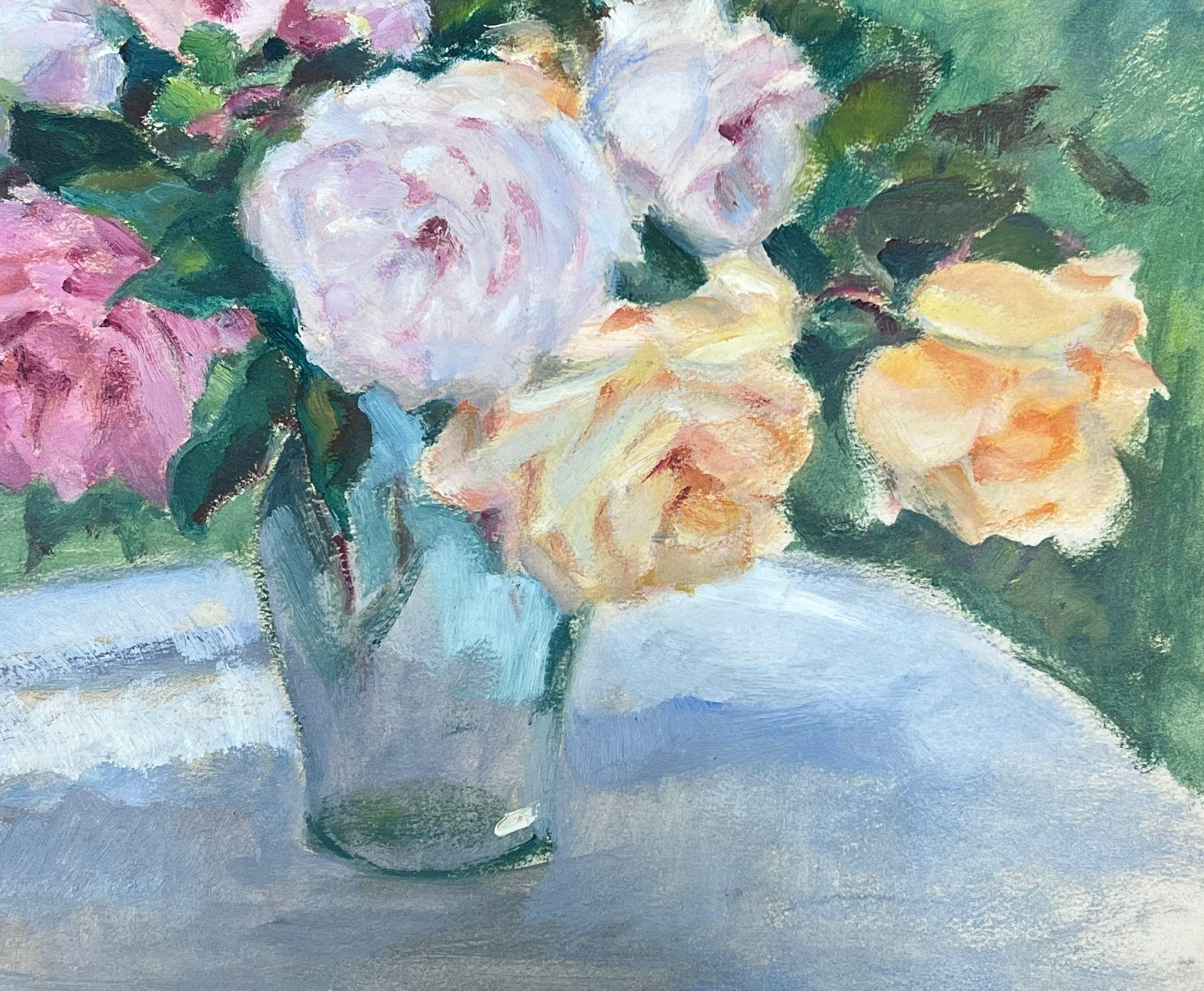 Roses
by Louise Alix (French, 1888-1980) *see notes below
provenance stamp to the back 
gouache painting on artist paper, unframed
measures: 13 high by 16.5 inches wide
condition: overall very good and sound, a few scuffs and marks to the surface
