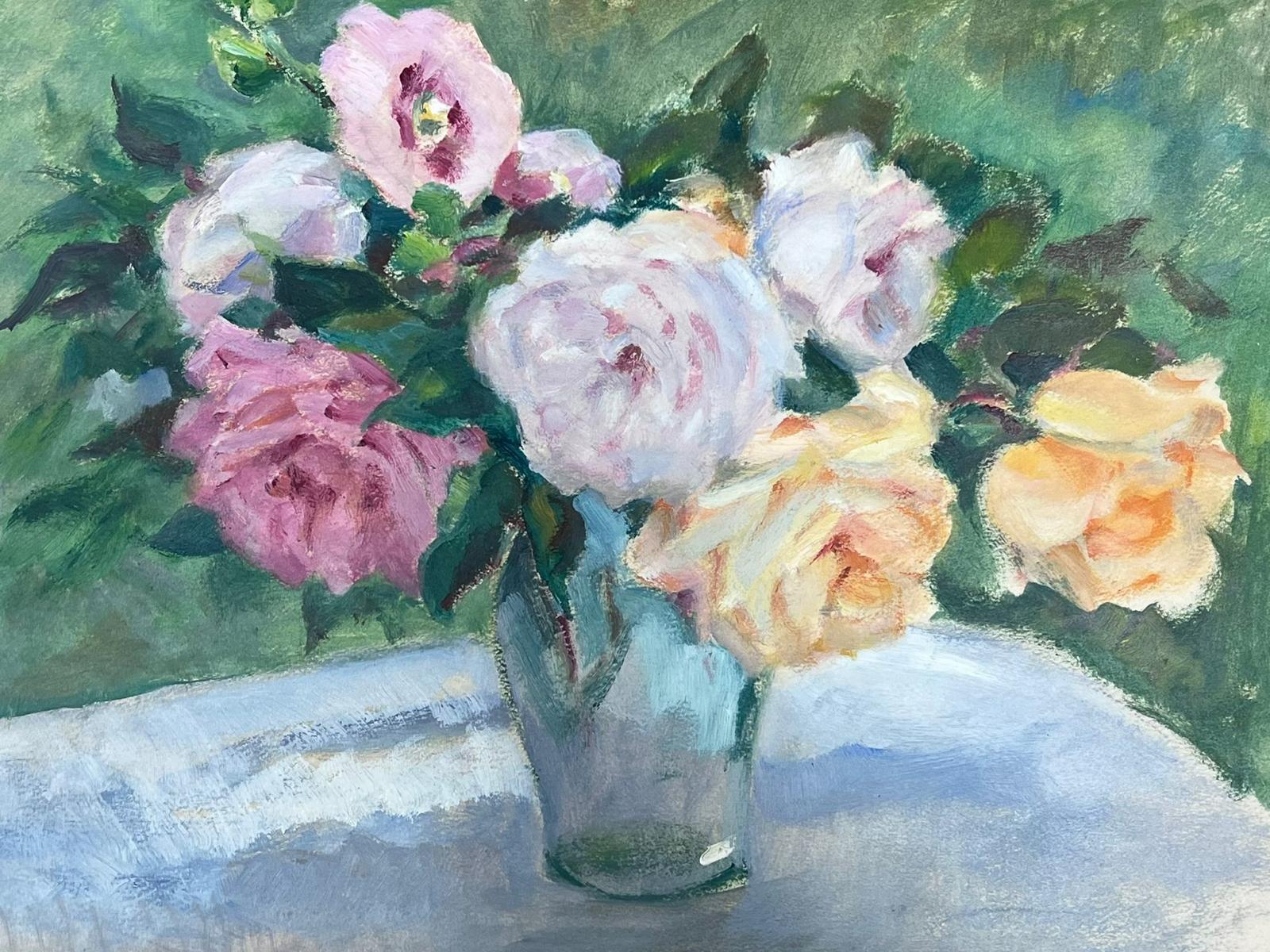 Vintage 1930's French Impressionist Still Life Roses in Glass in Garden For Sale 1