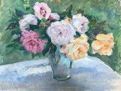 Vintage 1930's French Impressionist Still Life Roses in Glass in Garden