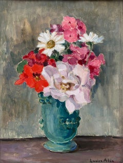 Vintage French Impressionist Oil Flowers in Teal Color Vase signed original
