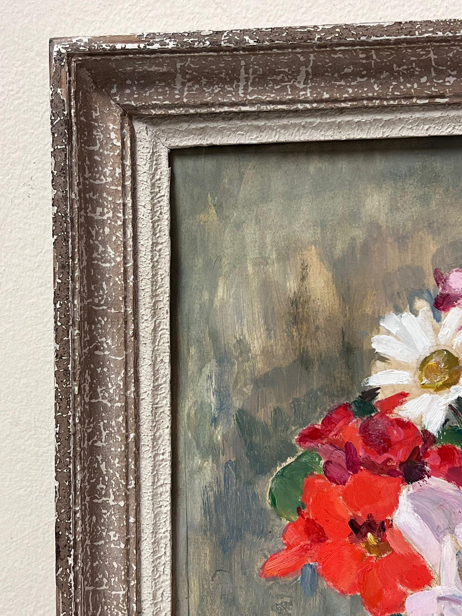 Vintage French Impressionist Oil Flowers in Teal Color Vase signed original For Sale 1