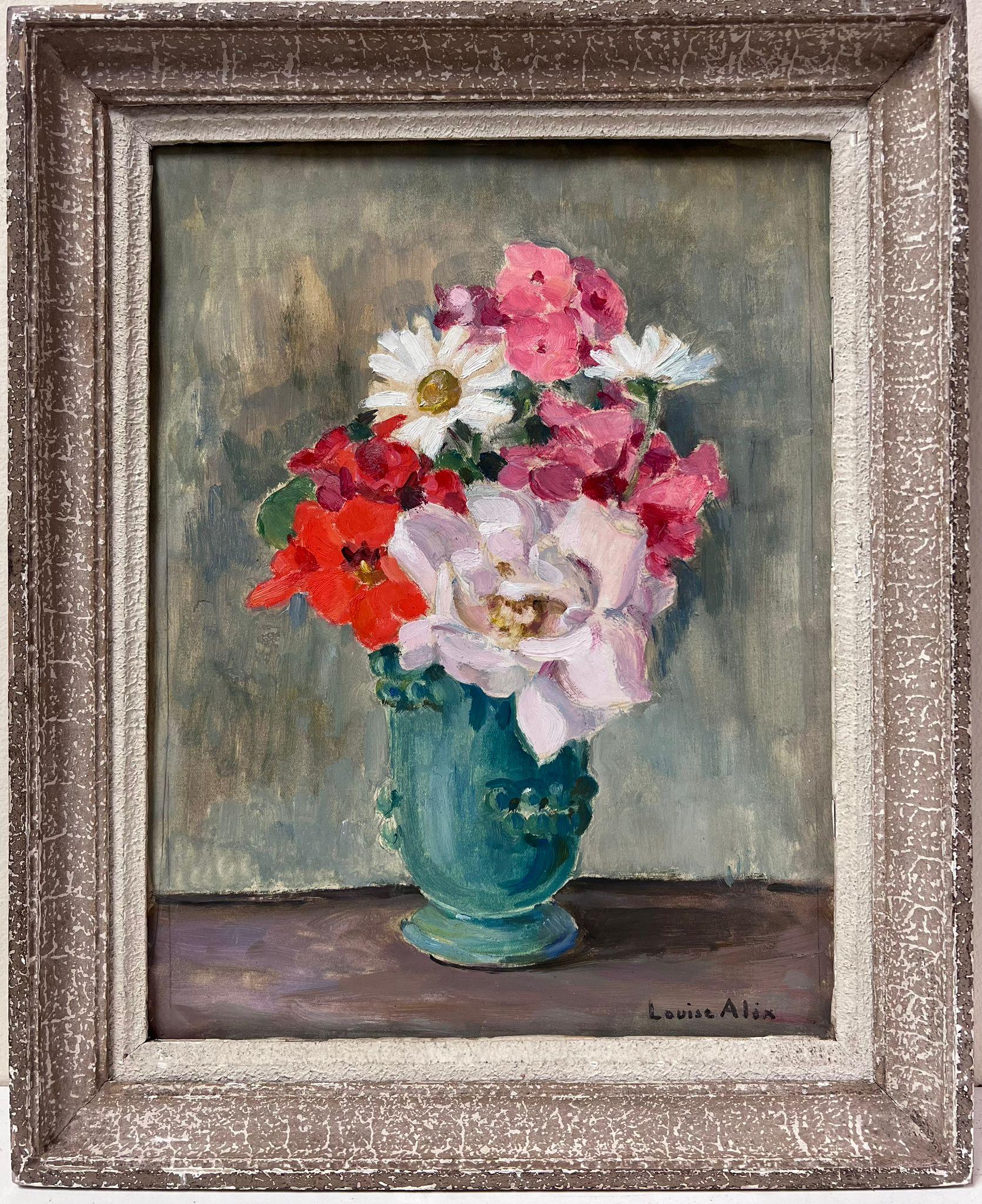 Louise Alix Still-Life Painting - Vintage French Impressionist Oil Flowers in Teal Color Vase signed original