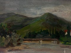 Vintage French Impressionist Oil Painting Dark Green Mountain Landscape