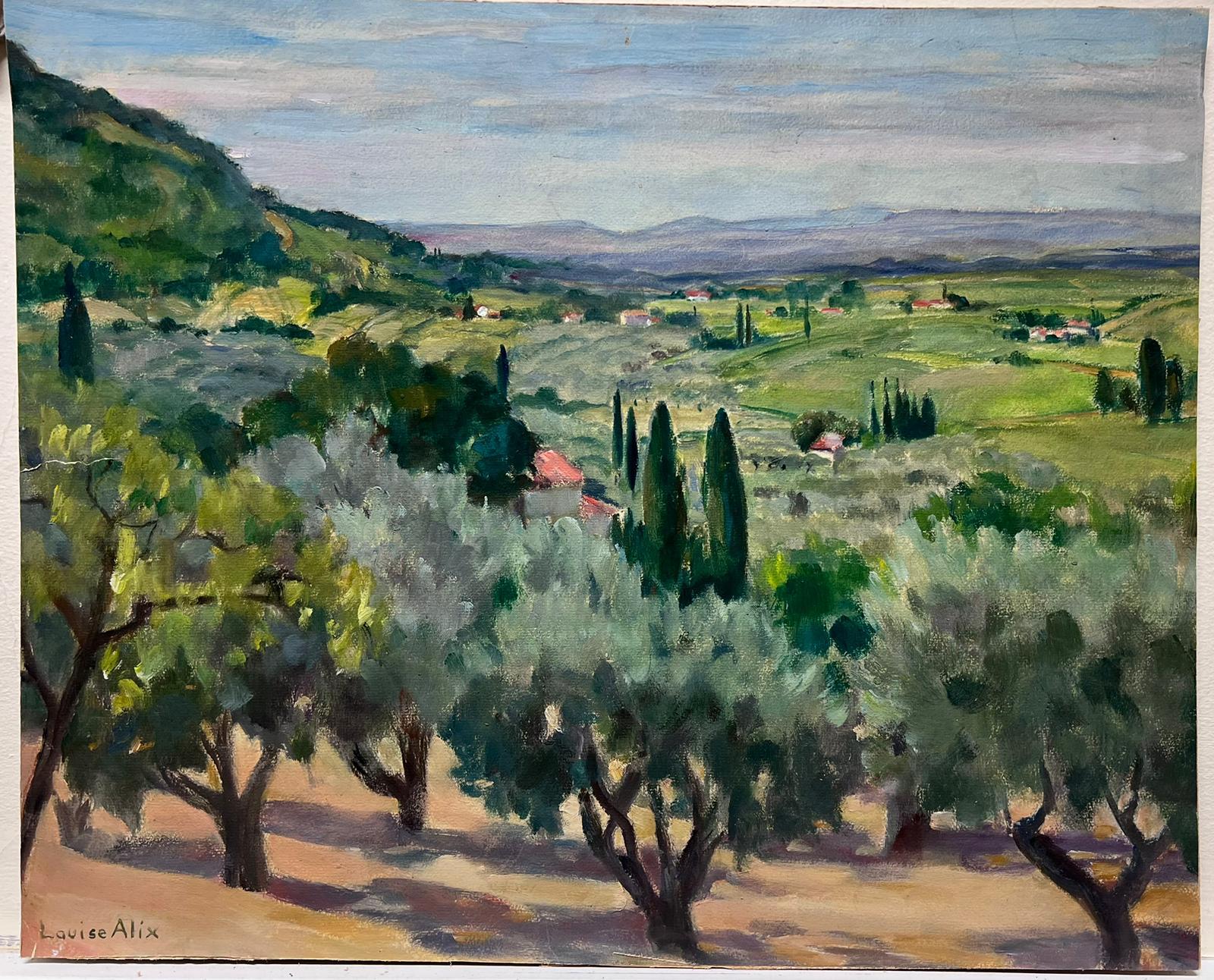 Pittura ad olio impressionista francese d'epoca Oliveti con vista sulla Provenza - Painting di Louise Alix