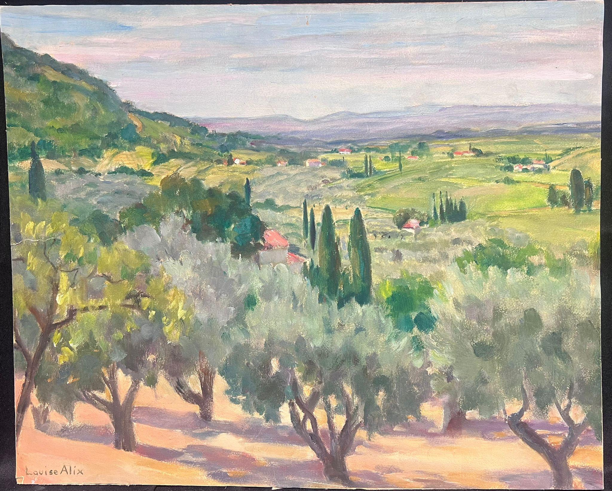 Pittura ad olio impressionista francese d'epoca Oliveti con vista sulla Provenza - Painting di Louise Alix