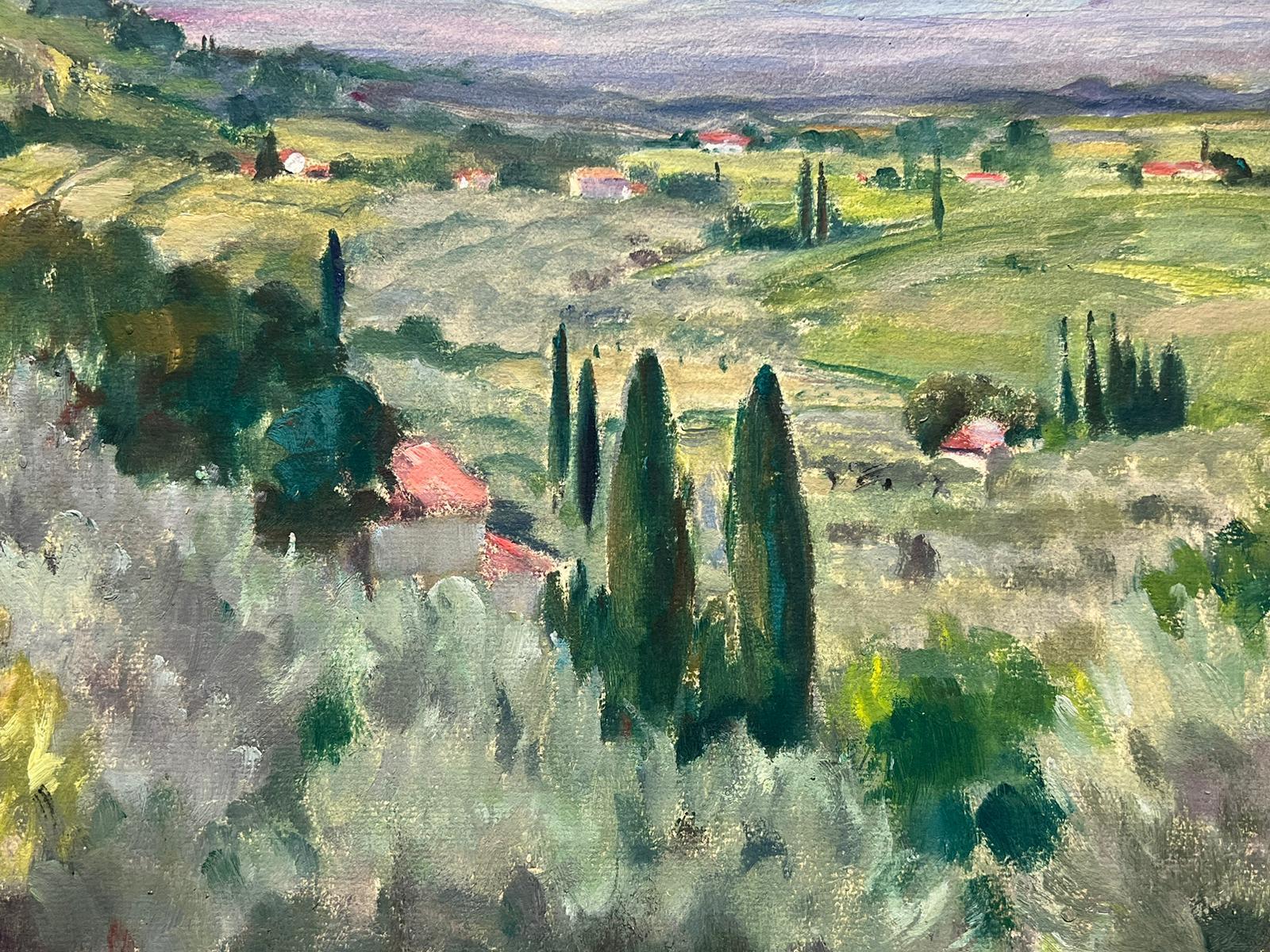 Pittura ad olio impressionista francese d'epoca Oliveti con vista sulla Provenza - Landscape Painting Grigio di Louise Alix