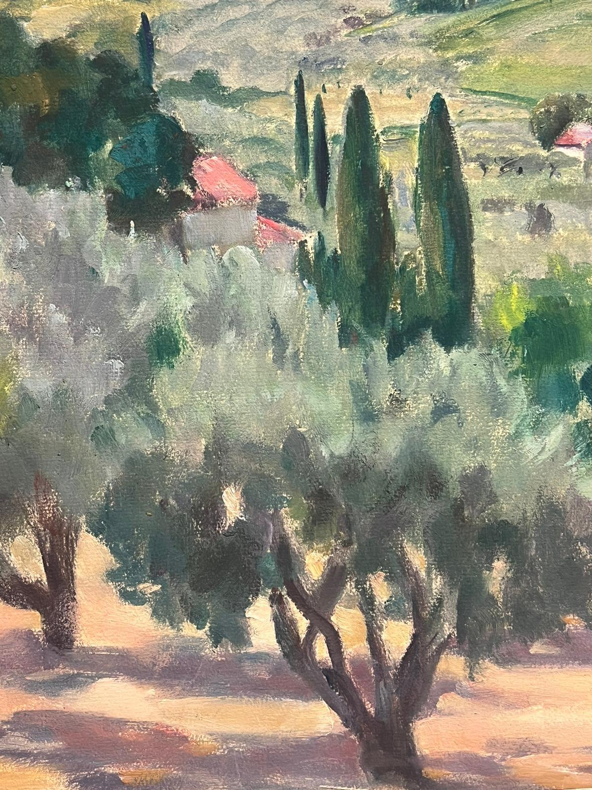 Pittura ad olio impressionista francese d'epoca Oliveti con vista sulla Provenza - Landscape Painting Beige di Louise Alix
