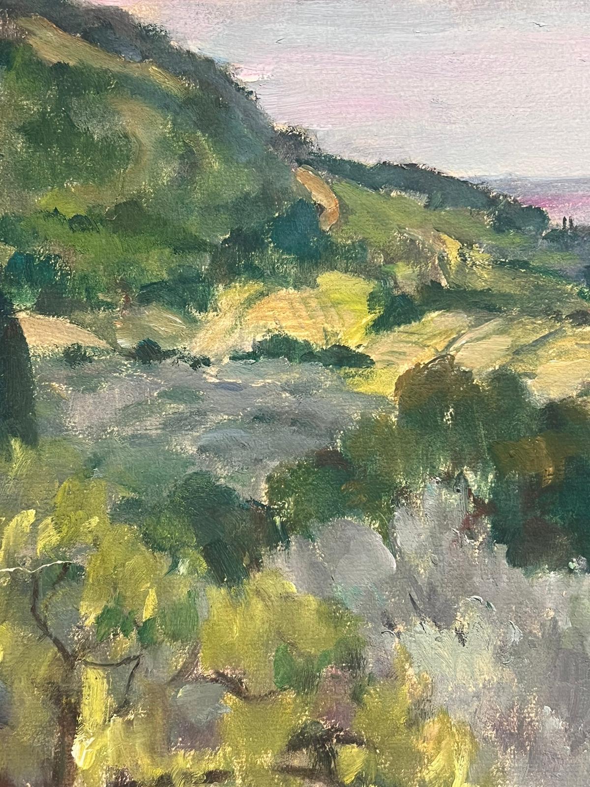 Gli oliveti con vista sulla Provenza
firmato in basso a sinistra da Louise Alix (francese, 1888-1980) *vedi note sotto
timbro di provenienza sul retro 
dipinto a olio su carta d'artista incollata su tavola, senza cornice
misure: 17,5 di altezza per