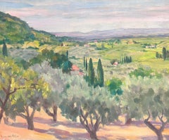 Pittura ad olio impressionista francese d'epoca Oliveti con vista sulla Provenza