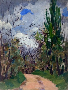 Vintage French Impressionist Oil Painting Sandy Path Through Tall Tree Landscape