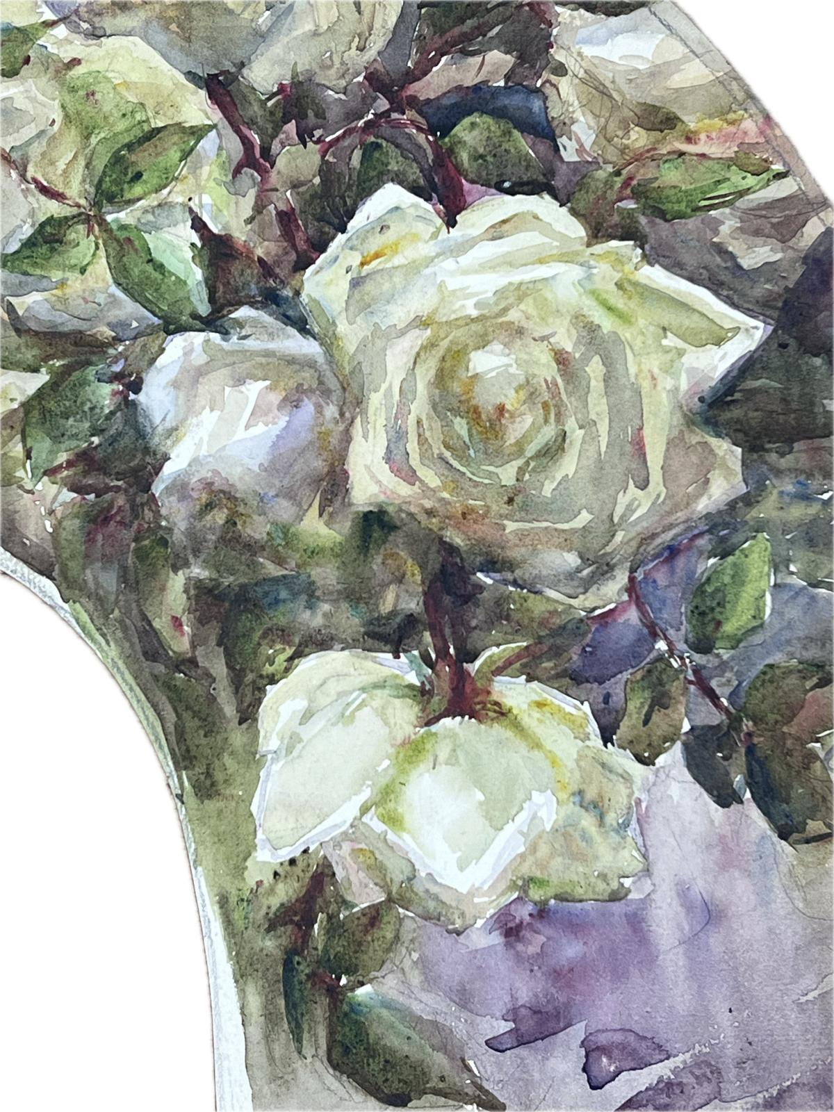 Vintage French Impressionist Painting Unusual Shape Roses Still Life Watercolor For Sale 1