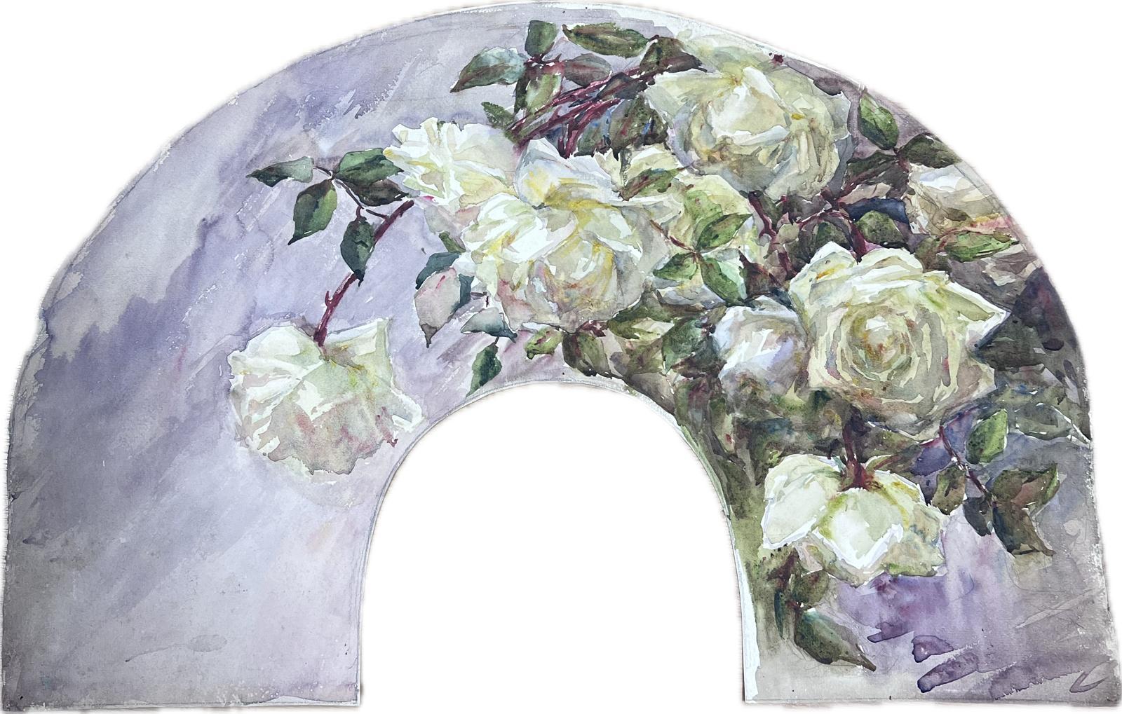 Louise Alix Interior Painting – Französisches impressionistisches Vintage-Gemälde in ungewöhnlicher Form von Rosen, Stillleben-Aquarell, Vintage