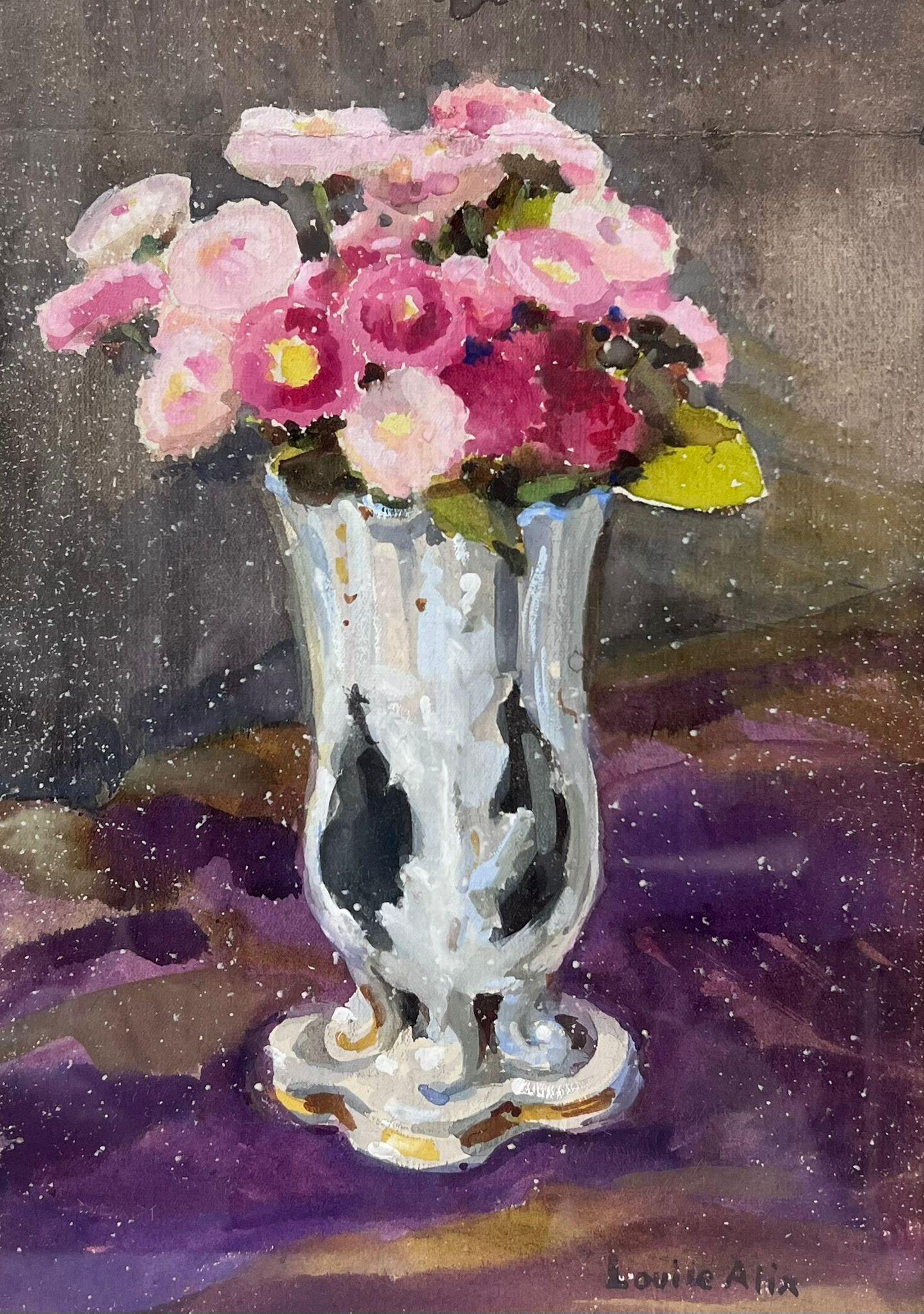 Französische Impressionistische Vintage-Vase aus rosa Rosen in Stein mit weißem Steinrahmen, im Vintage-Stil – Painting von Louise Alix
