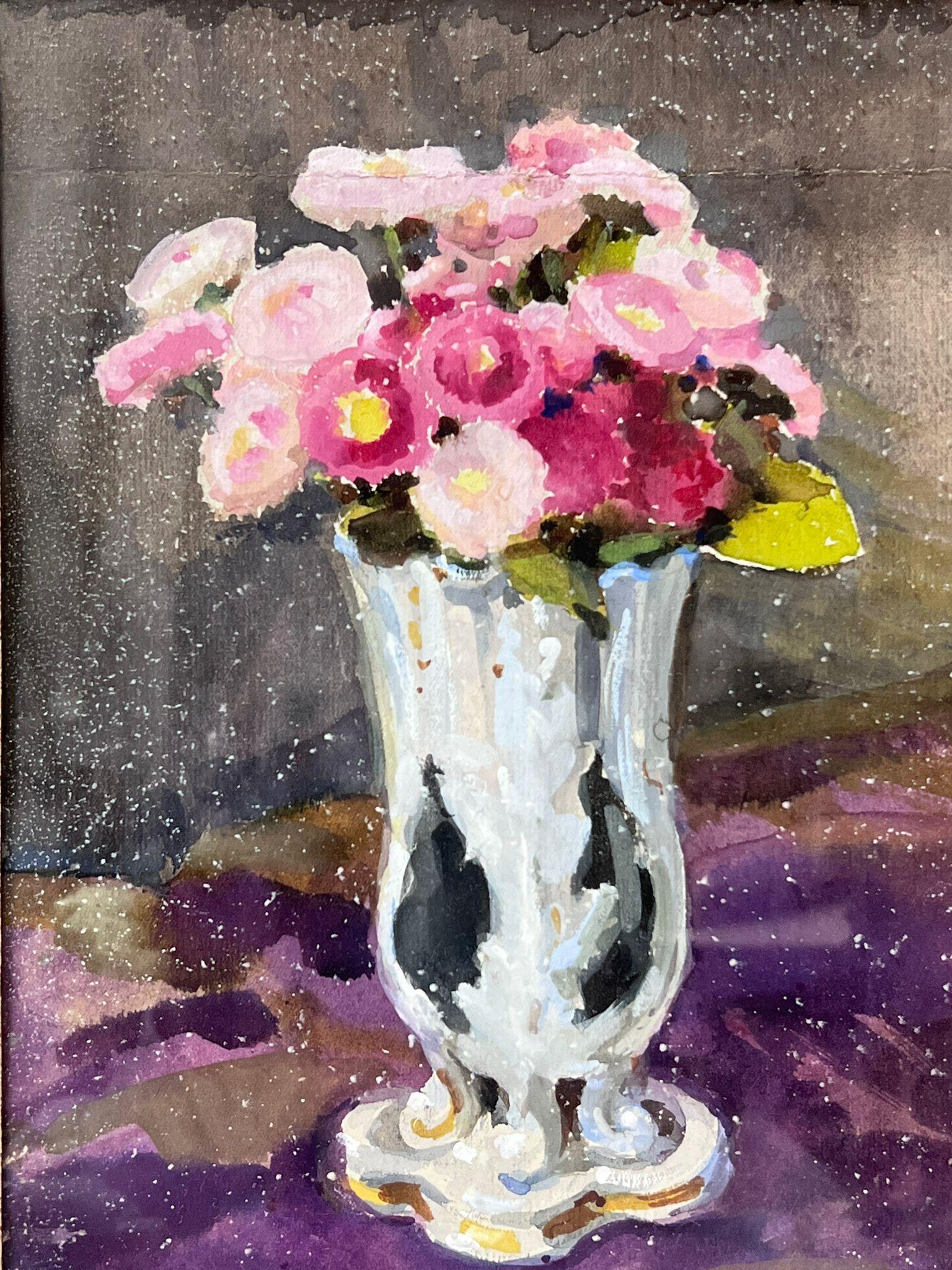 Französische Impressionistische Vintage-Vase aus rosa Rosen in Stein mit weißem Steinrahmen, im Vintage-Stil (Impressionismus), Painting, von Louise Alix