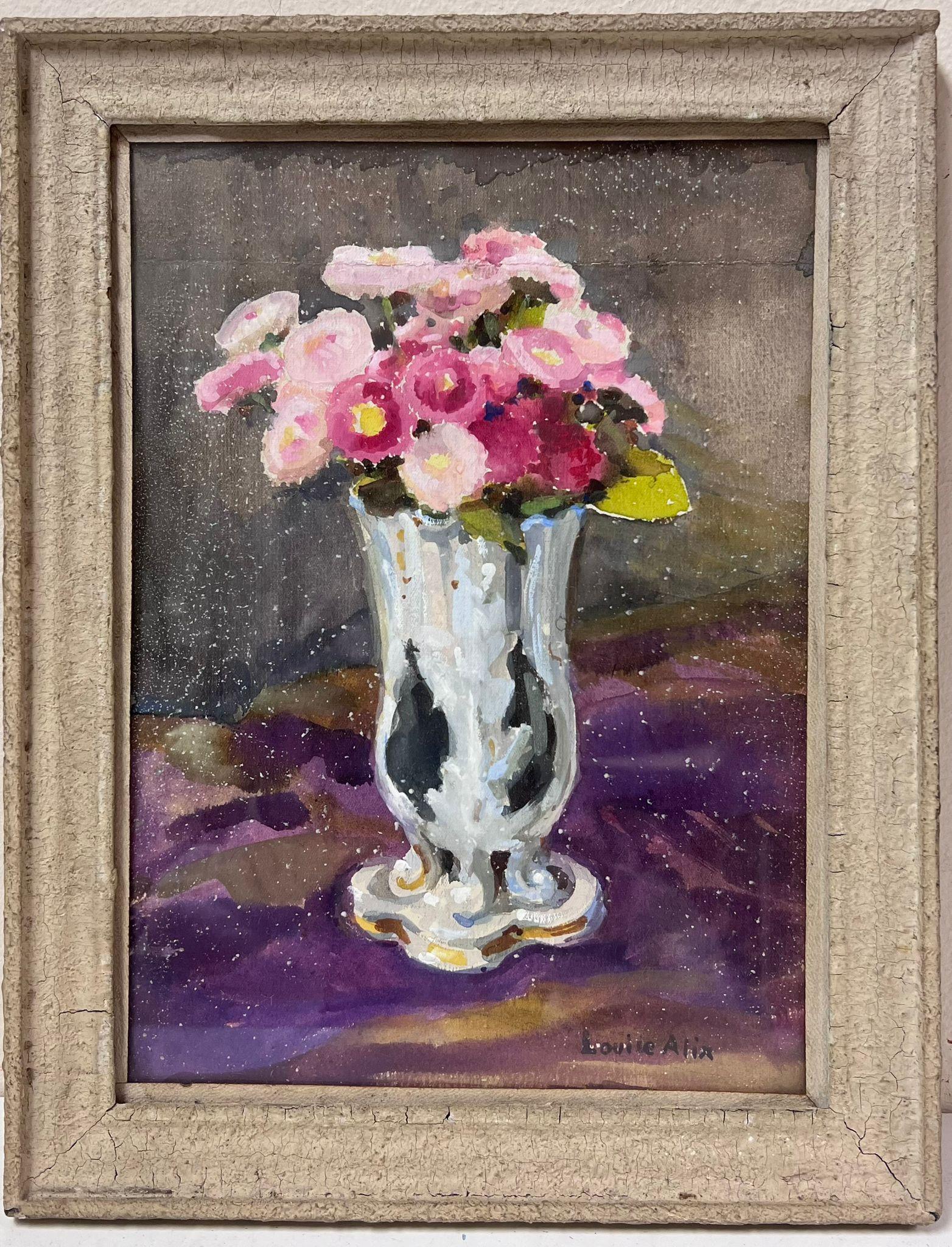 Louise Alix Interior Painting – Französische Impressionistische Vintage-Vase aus rosa Rosen in Stein mit weißem Steinrahmen, im Vintage-Stil