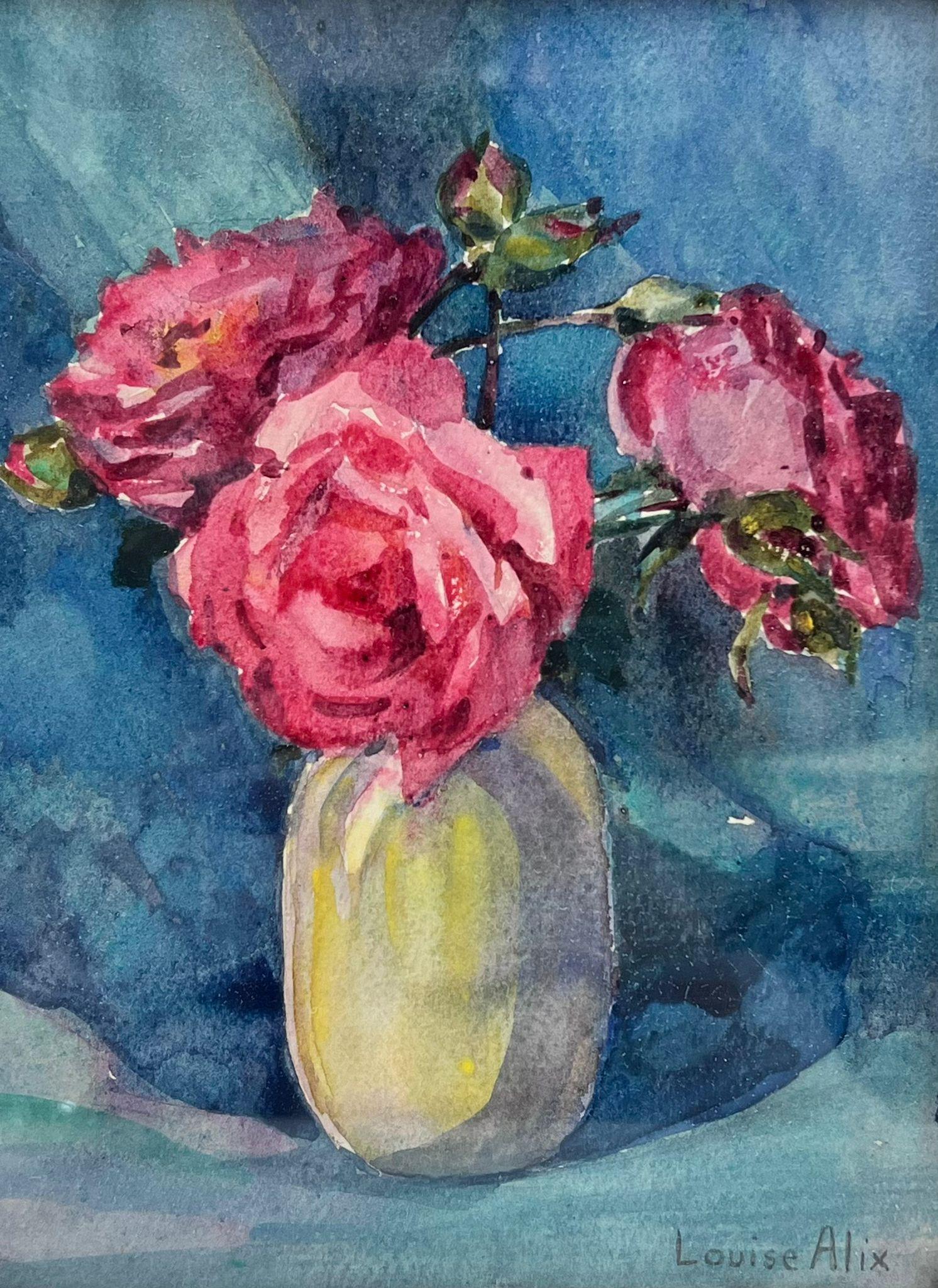 Vintage French Impressionist Pink Roses In White Colour Vase Blue Interior - Painting by Louise Alix