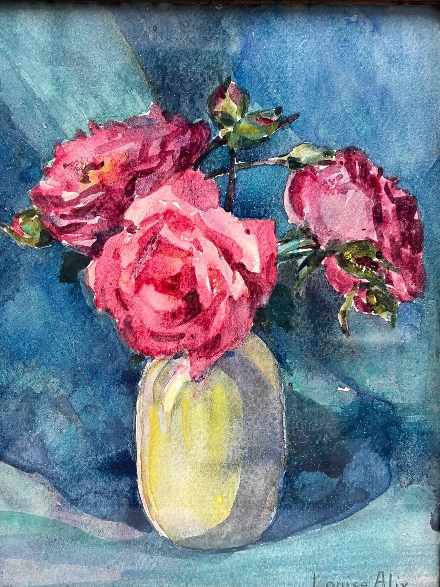 Französische Impressionistische Vintage-Vase mit rosa Rosen in weißer Farbe, im Vintage-Stil, blau innen (Impressionismus), Painting, von Louise Alix