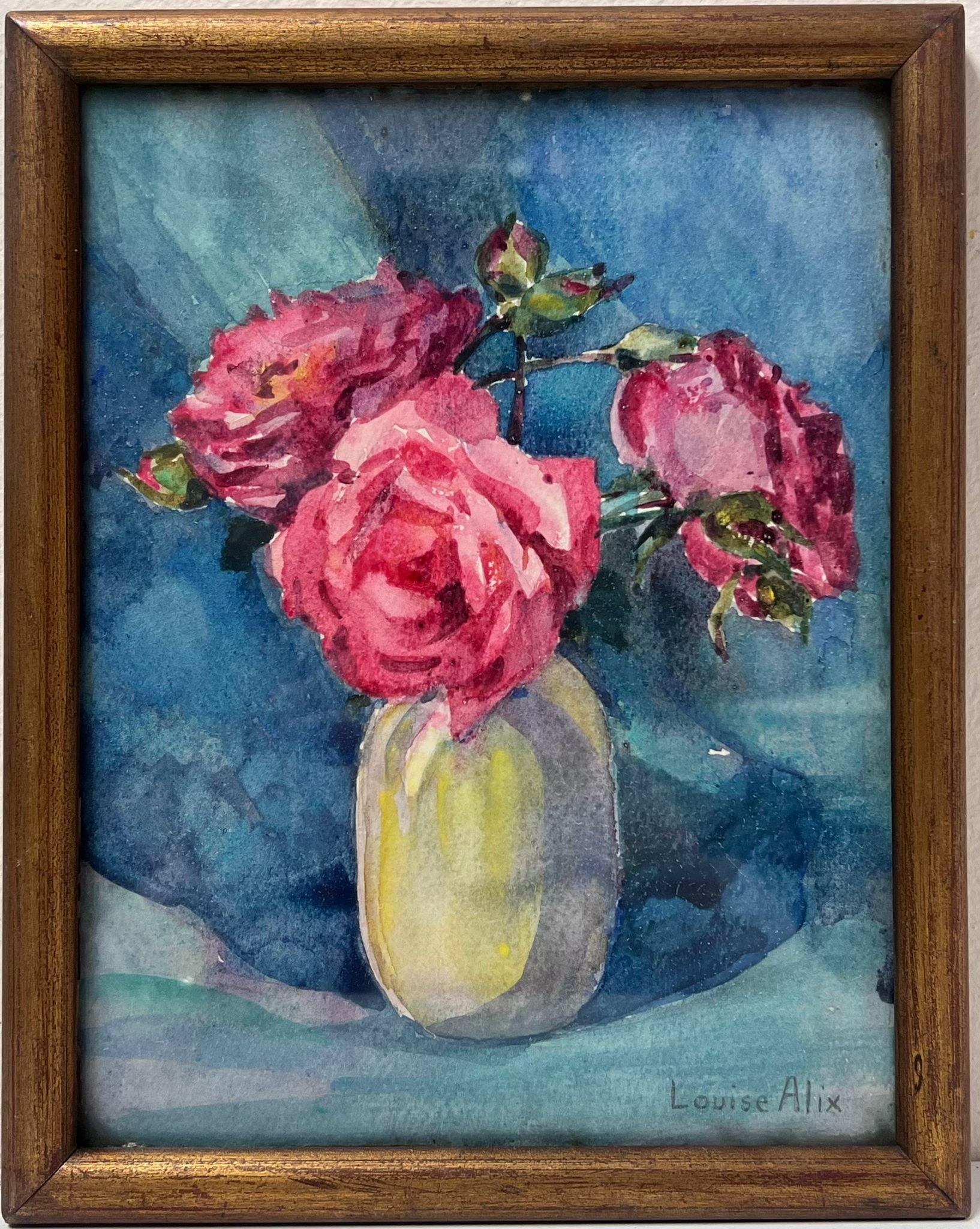 Louise Alix Interior Painting – Französische Impressionistische Vintage-Vase mit rosa Rosen in weißer Farbe, im Vintage-Stil, blau innen
