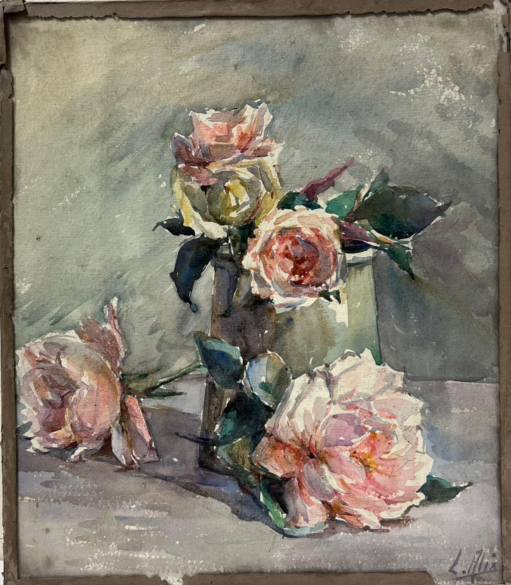 Vintage Pink Roses In Metal Cup Grey Interior 1930's French Impressionist  - Painting by Louise Alix